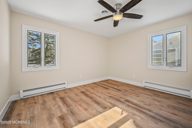 empty room featuring baseboard heating, a healthy amount of sunlight, and hardwood / wood-style floors