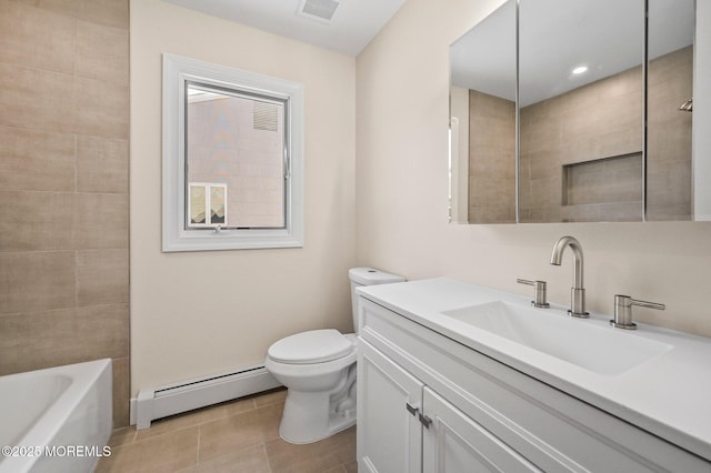 full bathroom featuring toilet, tiled shower / bath combo, baseboard heating, tile patterned floors, and vanity