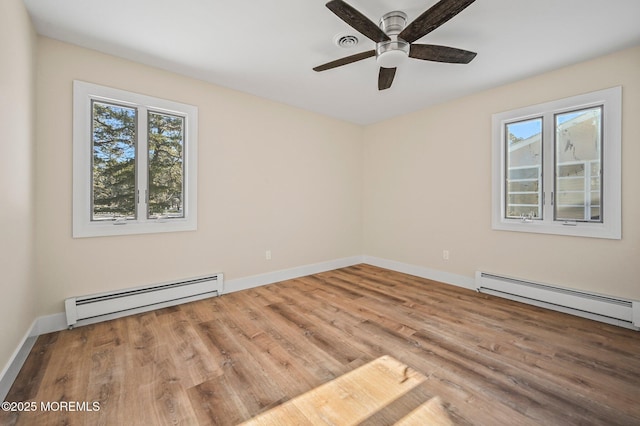 spare room featuring ceiling fan, hardwood / wood-style flooring, and a baseboard radiator