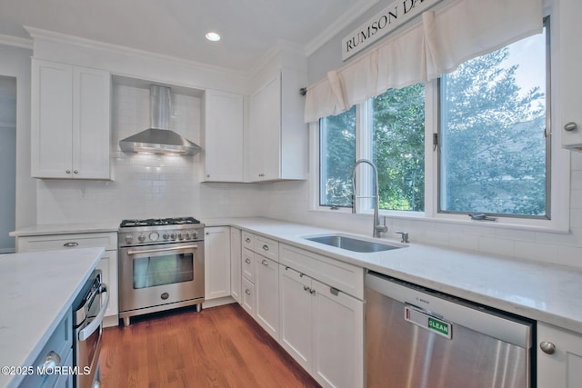 kitchen with appliances with stainless steel finishes, ornamental molding, a sink, wall chimney range hood, and backsplash