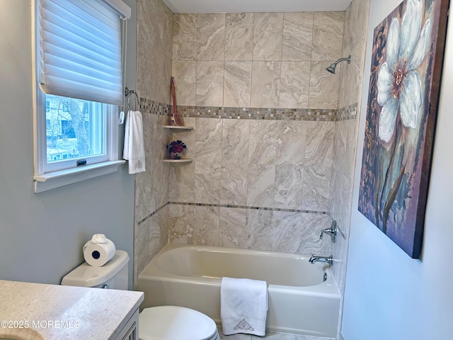 full bathroom with tub / shower combination, vanity, and toilet