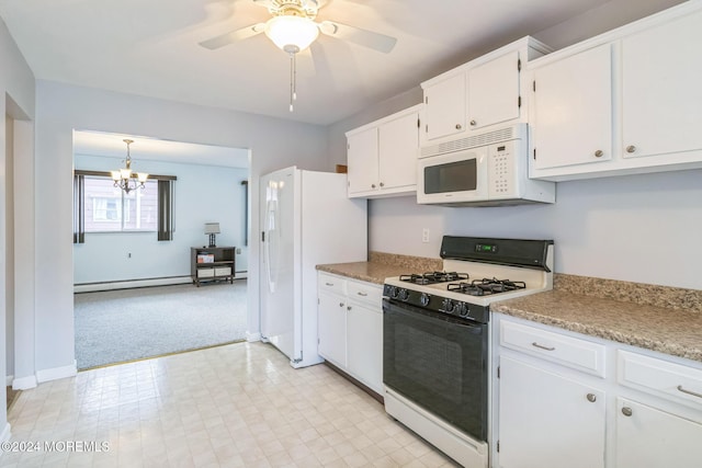 kitchen featuring white cabinetry, white appliances, light colored carpet, hanging light fixtures, and ceiling fan with notable chandelier