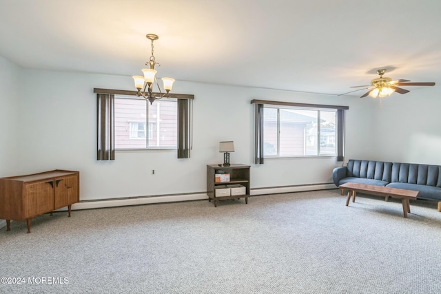 living area featuring carpet flooring, ceiling fan with notable chandelier, and a baseboard radiator