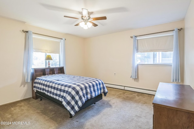 carpeted bedroom with ceiling fan, multiple windows, and a baseboard radiator