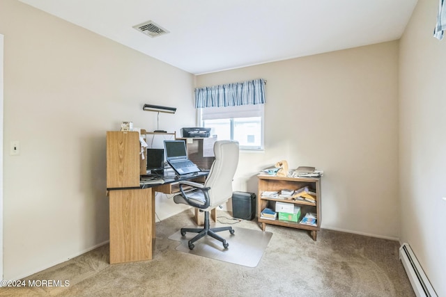 carpeted home office featuring baseboard heating