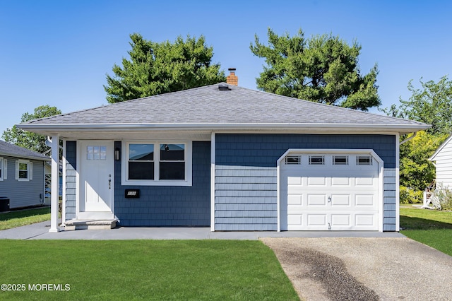 ranch-style home with a front yard and central AC