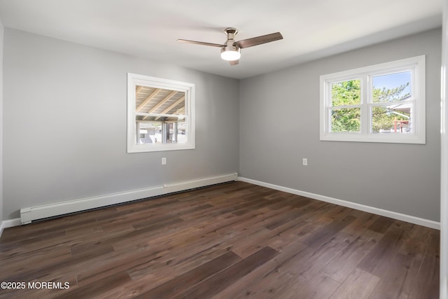 unfurnished room featuring dark wood-type flooring, a baseboard radiator, and ceiling fan