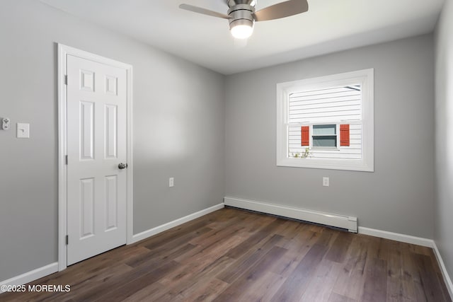 unfurnished room featuring ceiling fan, a baseboard radiator, and dark hardwood / wood-style floors