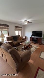 living room featuring ceiling fan, hardwood / wood-style floors, and a healthy amount of sunlight