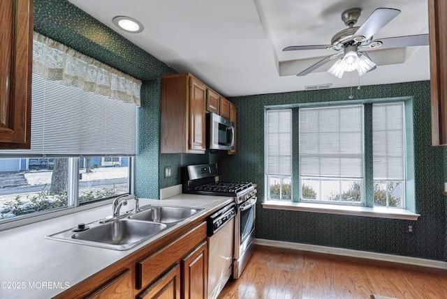 kitchen featuring a tray ceiling, sink, ceiling fan, light hardwood / wood-style floors, and stainless steel appliances