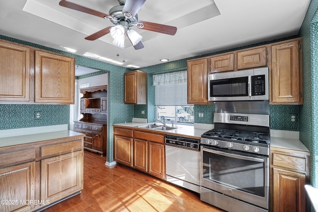 kitchen featuring sink, stainless steel appliances, light hardwood / wood-style floors, and a raised ceiling