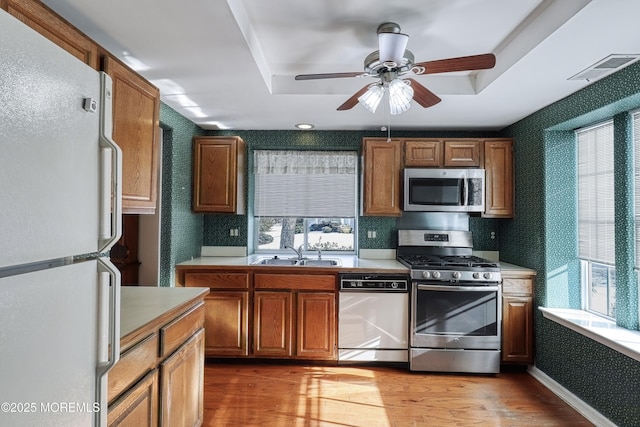 kitchen with a healthy amount of sunlight, stainless steel appliances, sink, and light wood-type flooring