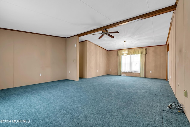 carpeted empty room with ceiling fan with notable chandelier and ornamental molding