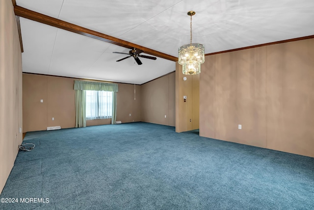 spare room with carpet floors, lofted ceiling with beams, ceiling fan, and crown molding