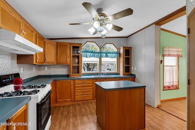 kitchen featuring a kitchen island, sink, white gas stove, light hardwood / wood-style flooring, and crown molding