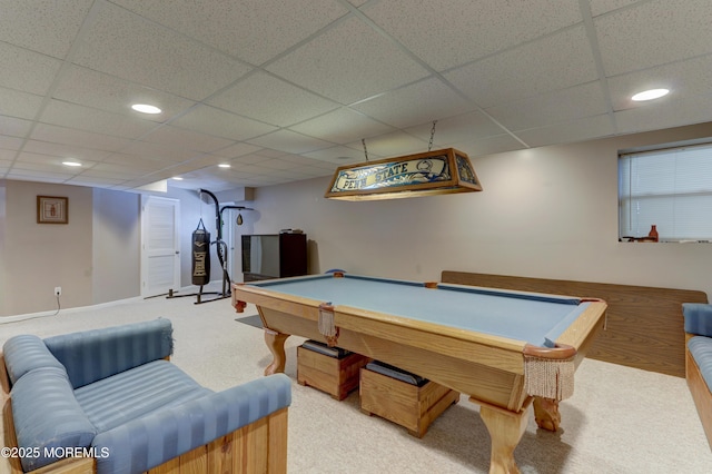 recreation room with billiards, carpet floors, and a drop ceiling