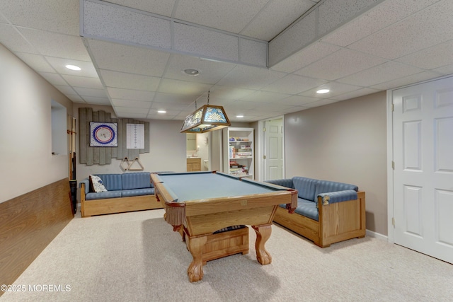 recreation room with carpet and pool table