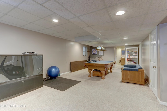 recreation room with a drop ceiling, pool table, and carpet floors