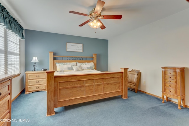 bedroom with ceiling fan and carpet flooring