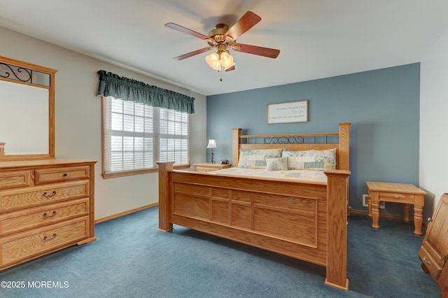 bedroom with dark carpet and ceiling fan