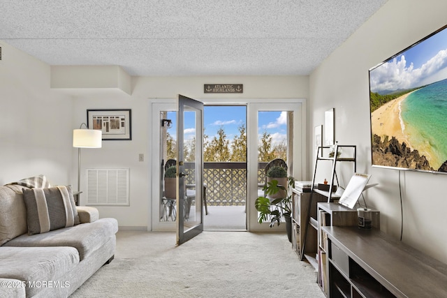 interior space featuring light colored carpet and a textured ceiling