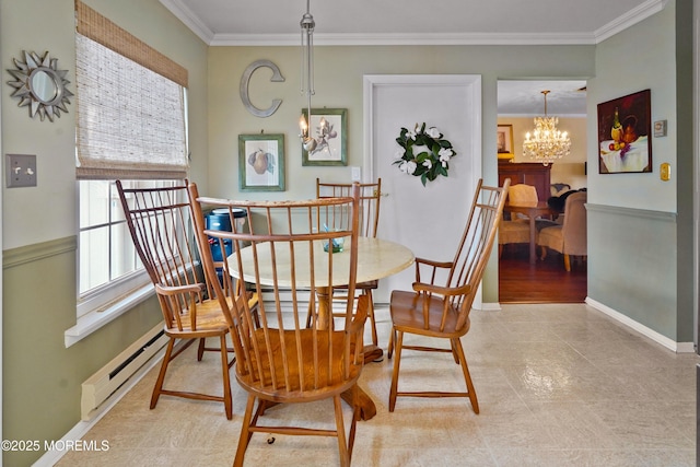 dining area with a baseboard radiator, a chandelier, and ornamental molding