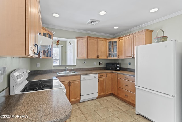 kitchen featuring crown molding, light tile patterned flooring, white appliances, and sink