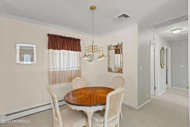 carpeted dining room featuring ornamental molding and a baseboard radiator