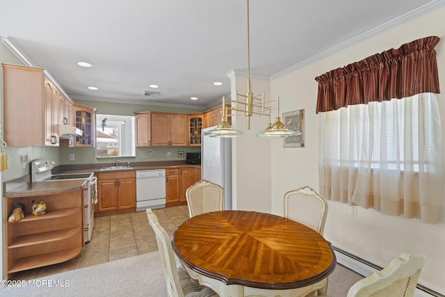 kitchen with a baseboard radiator, white appliances, decorative light fixtures, light tile patterned floors, and crown molding