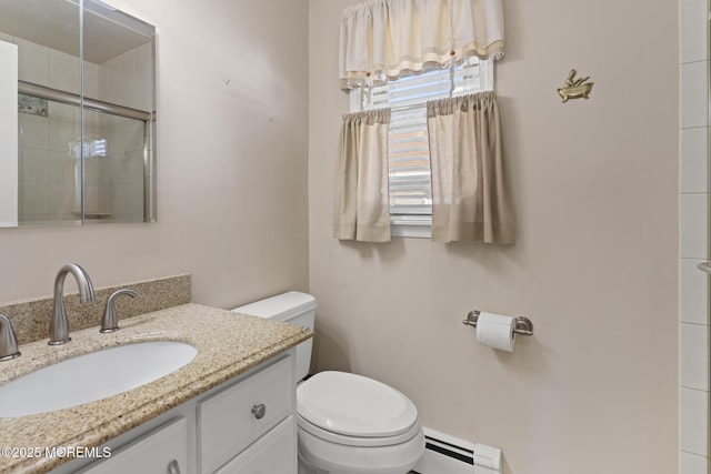 bathroom with a baseboard radiator, toilet, a shower with shower door, and vanity