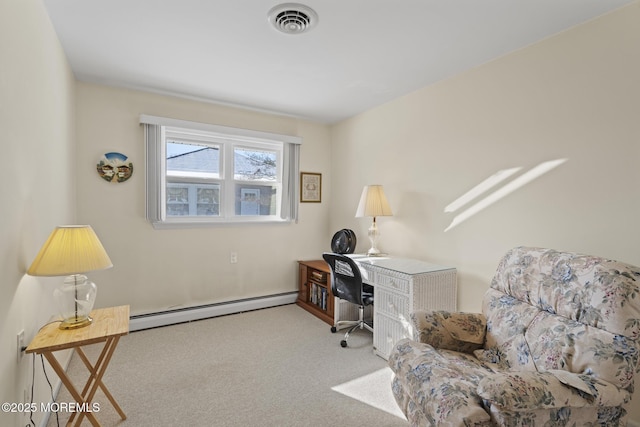 home office featuring light carpet and baseboard heating