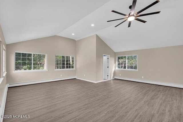 unfurnished living room featuring vaulted ceiling, ceiling fan, wood-type flooring, and a baseboard radiator