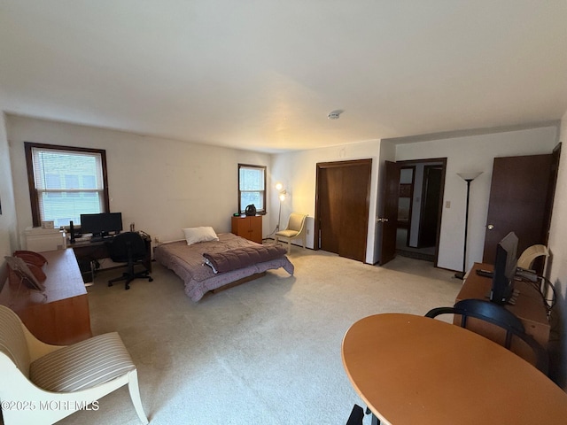 bedroom featuring light carpet