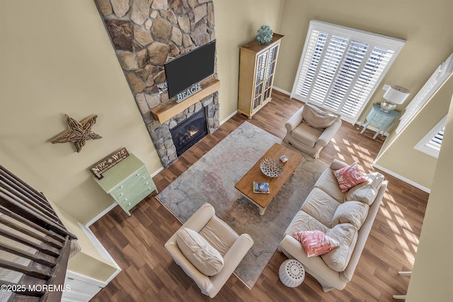 living room featuring a fireplace and wood-type flooring