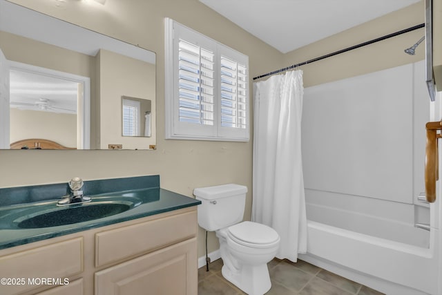 full bathroom with shower / bathtub combination with curtain, vanity, toilet, and tile patterned flooring