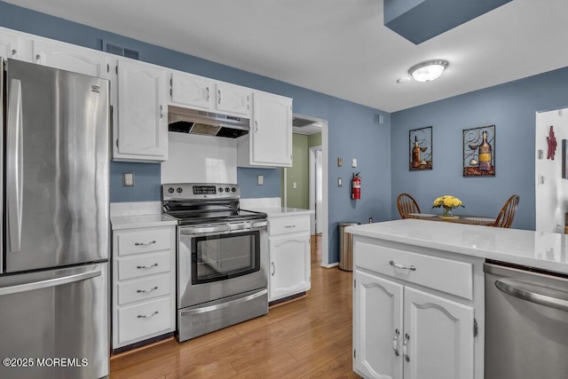 kitchen with white cabinetry, light hardwood / wood-style floors, and appliances with stainless steel finishes