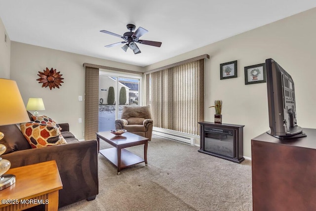 living room featuring ceiling fan, carpet, and a baseboard heating unit