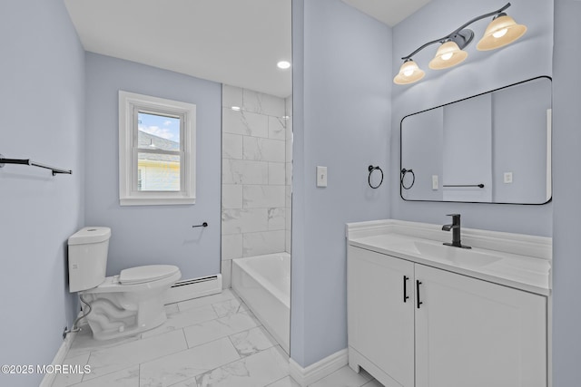 full bathroom featuring toilet, vanity, baseboard heating, and tiled shower / bath combo