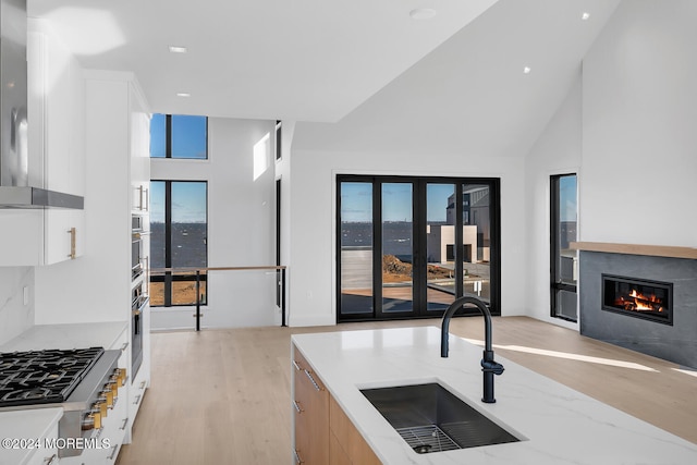 kitchen featuring light stone countertops, a healthy amount of sunlight, sink, high vaulted ceiling, and range hood