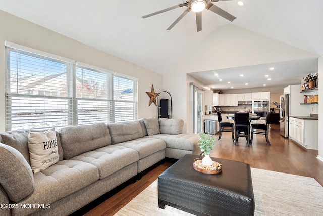 living room with ceiling fan, dark hardwood / wood-style flooring, and lofted ceiling