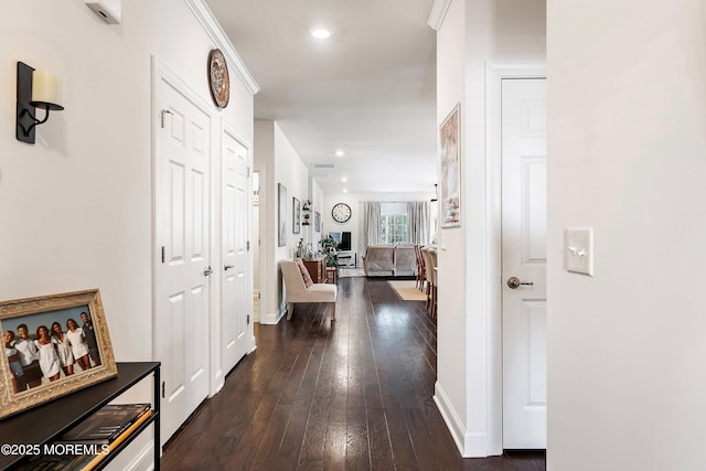 corridor featuring dark wood-type flooring