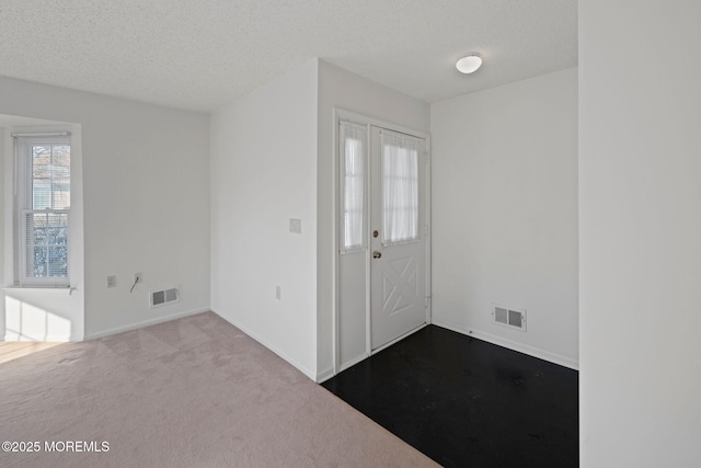 carpeted foyer featuring a textured ceiling