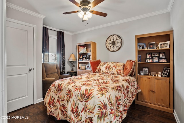 bedroom featuring crown molding, dark wood-type flooring, and ceiling fan