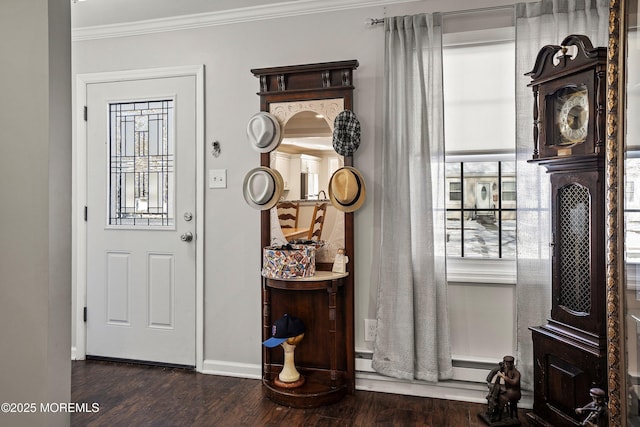 foyer with dark wood-type flooring, ornamental molding, and a baseboard heating unit