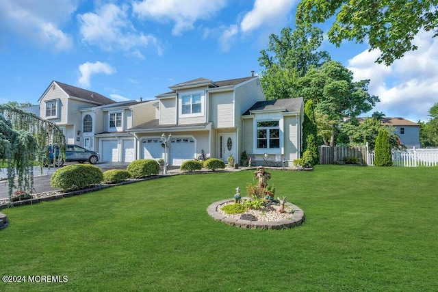 back of house featuring a garage and a lawn