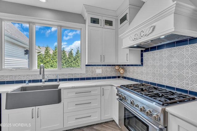 kitchen featuring high end stainless steel range oven, custom exhaust hood, white cabinets, and sink