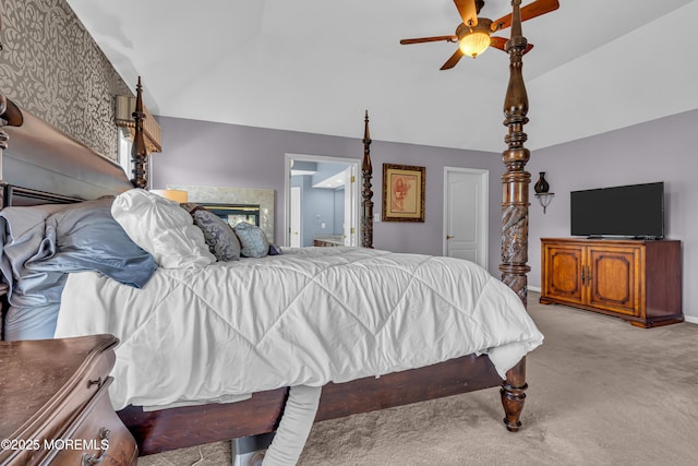 bedroom featuring lofted ceiling, light carpet, and ceiling fan