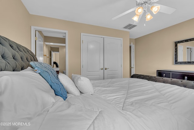 bedroom featuring ceiling fan and a closet