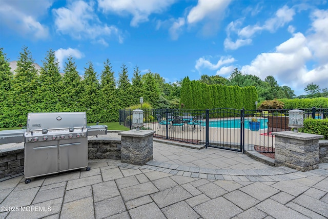 view of patio featuring a fenced in pool and a grill