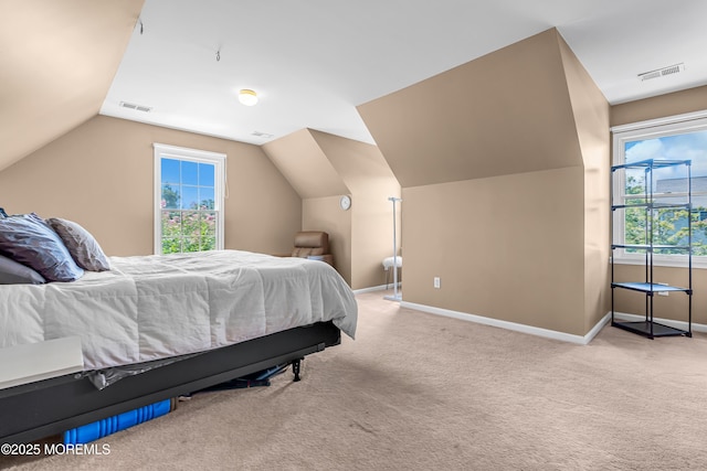 carpeted bedroom with lofted ceiling